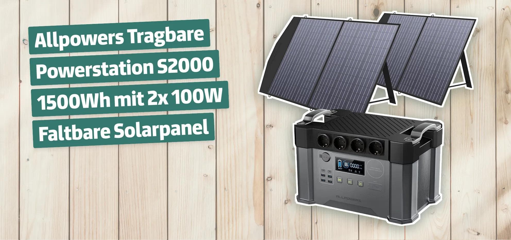 Allpowers Tragbare Powerstation S2000 1500Wh mit 2x 100W Faltbare Solarpanel